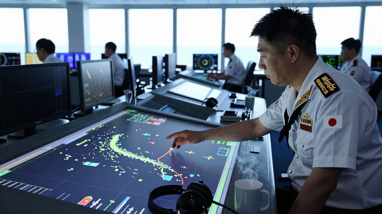 Oficial da marinha japonesa a analisar um mapa digital táctico numa sala de comando ultramoderna.