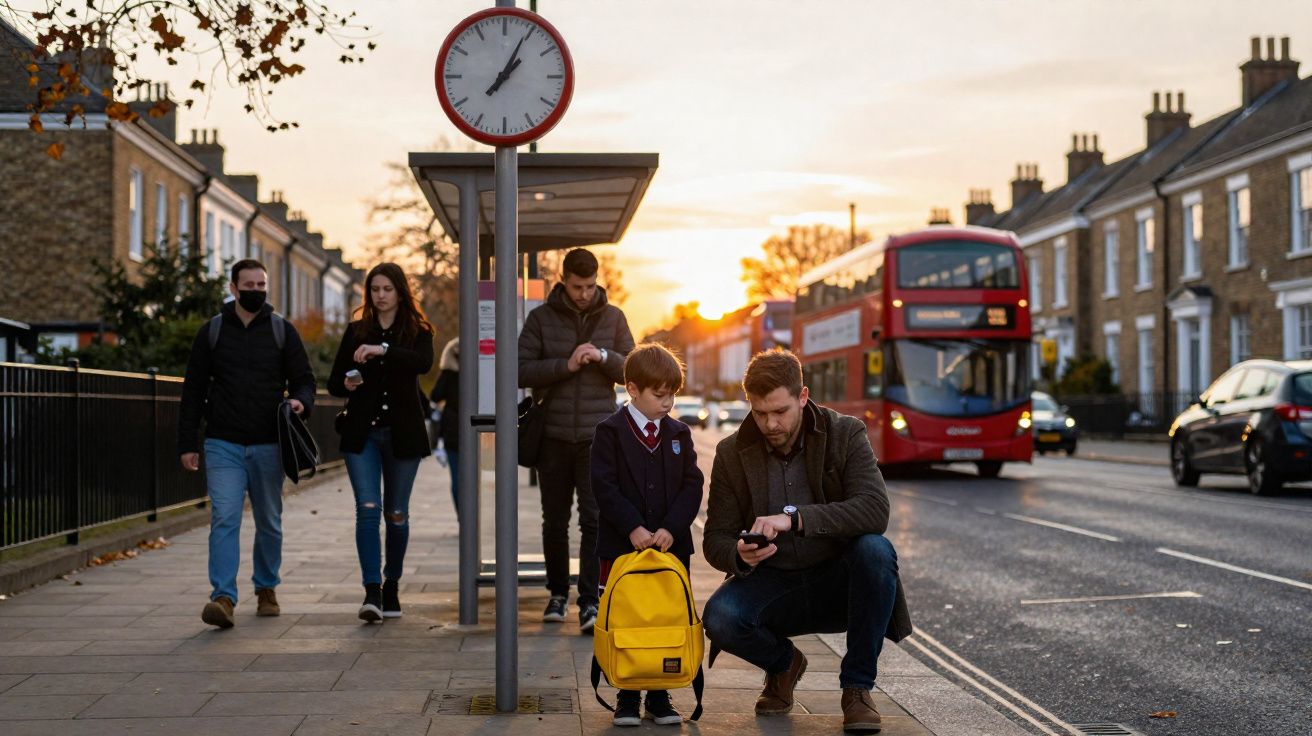 Pais e filhos à espera de autocarro numa paragem urbana ao pôr do sol com autocarro vermelho ao fundo.