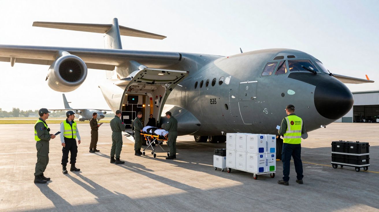 Funcionários descarregam equipamento e maca de avião militar cinzento em pista de aeroporto sob sol.