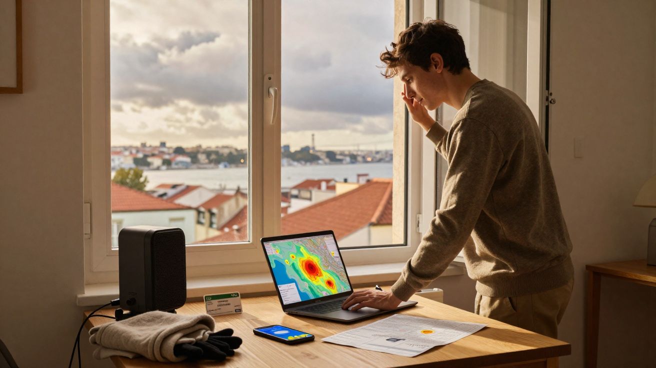 Homem com roupa casual analisa mapa de calor num portátil junto a uma janela com vista para a cidade.
