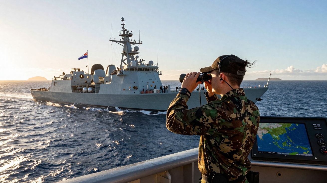Militar em uniforme camuflado observa navio de guerra com binóculos no mar durante o dia.
