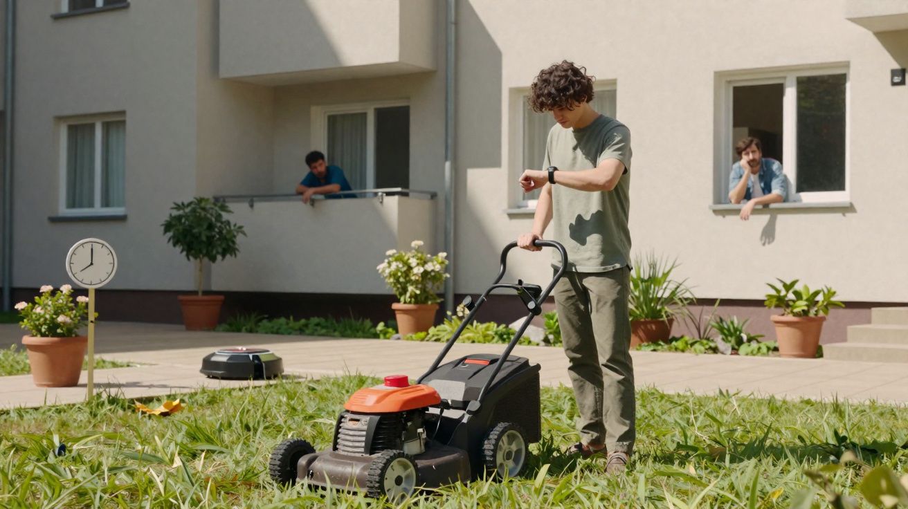 Jovem a cortar relva com corta-relva num jardim, enquanto duas pessoas observam pelas janelas de um prédio.