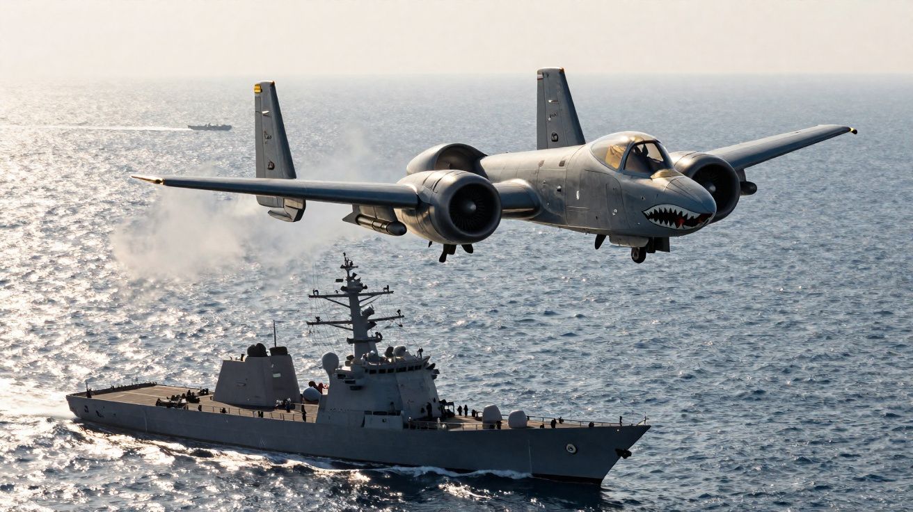 Avião militar A-10 voando baixo sobre navio de guerra em mar aberto num dia ensolarado.