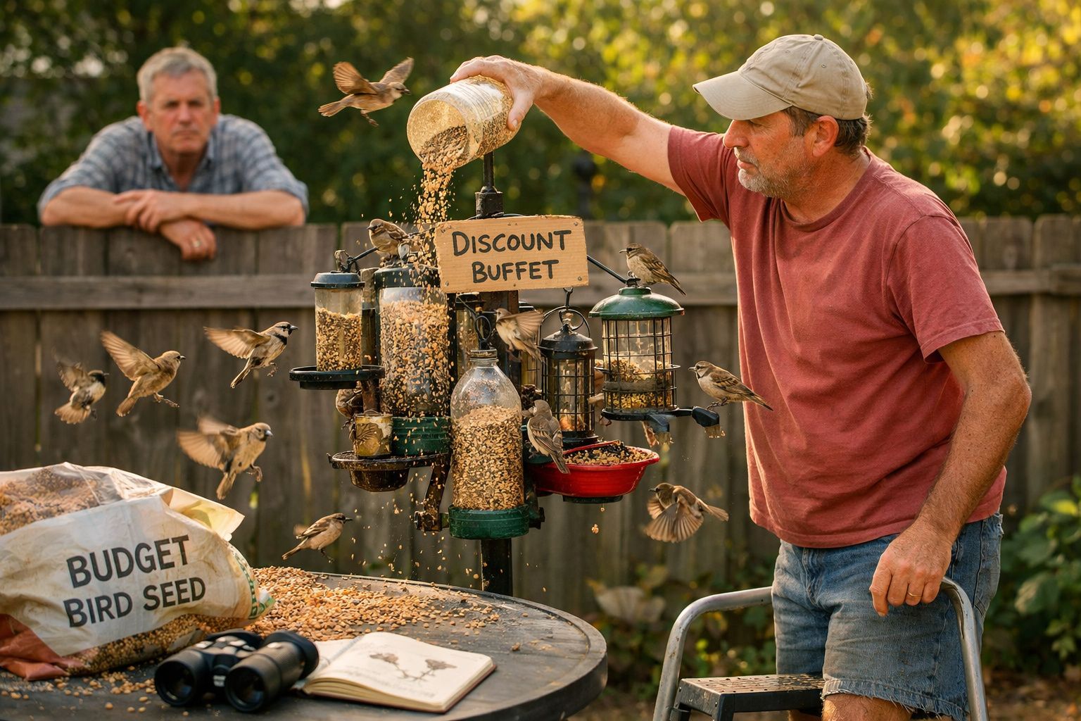 Homem a alimentar pássaros num alimentador com várias sementes numa varanda com cerca de madeira ao fundo.