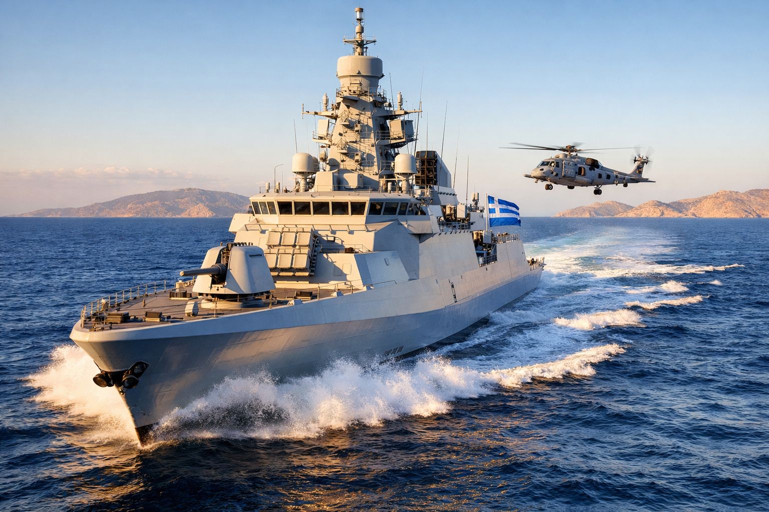 Fragata da marinha grega navegando no mar com helicóptero a voar ao lado e ilhas ao fundo.