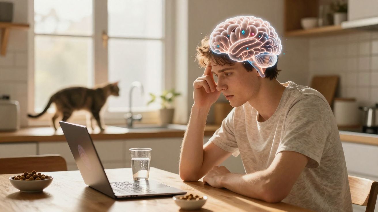 Homem a pensar em frente a um computador portátil numa cozinha, com ilustração do cérebro sobreposta.