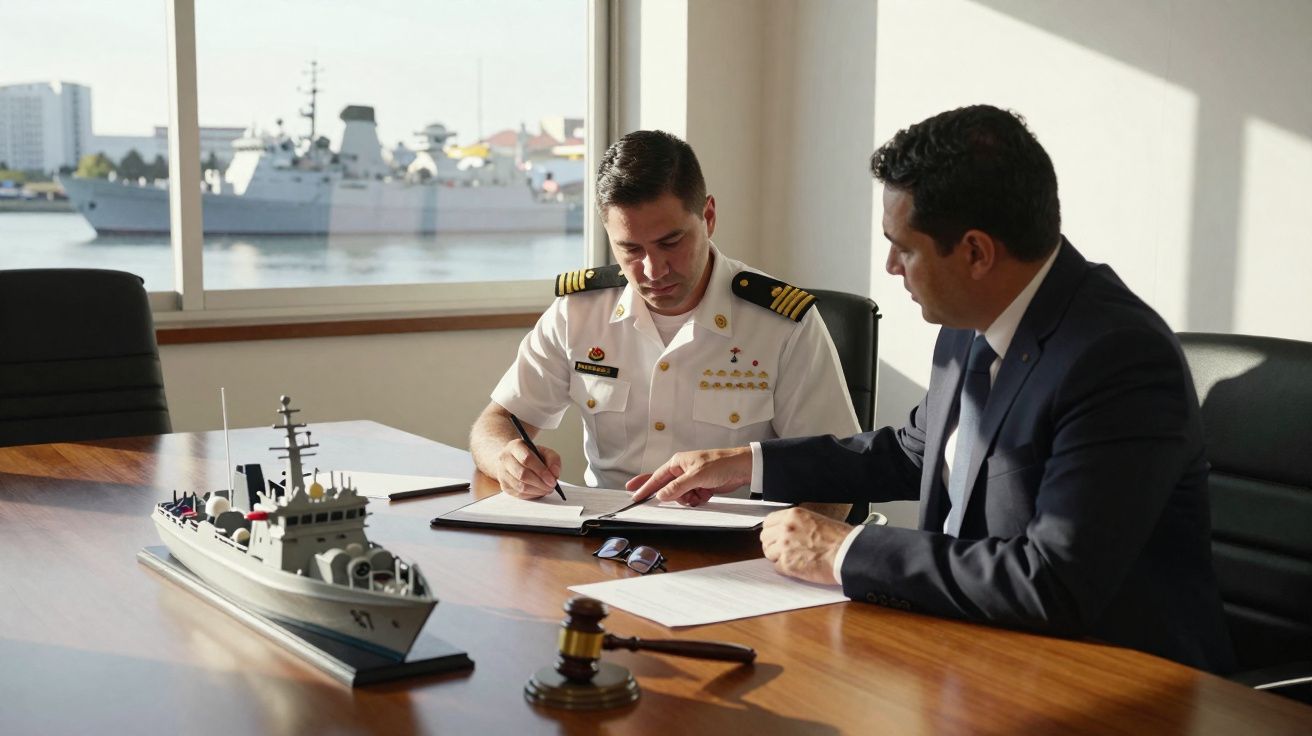Dois homens, um militar e outro de fato, sentados à mesa com documentos e modelo de navio, numa sala com janela para cais nav