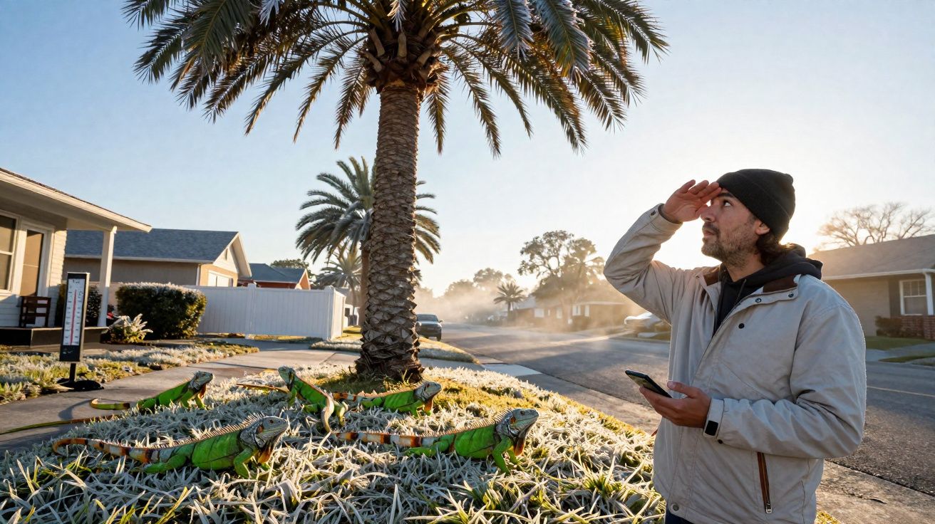 Homem observa iguanas verdes num jardim coberto de geada numa rua residencial ao amanhecer.