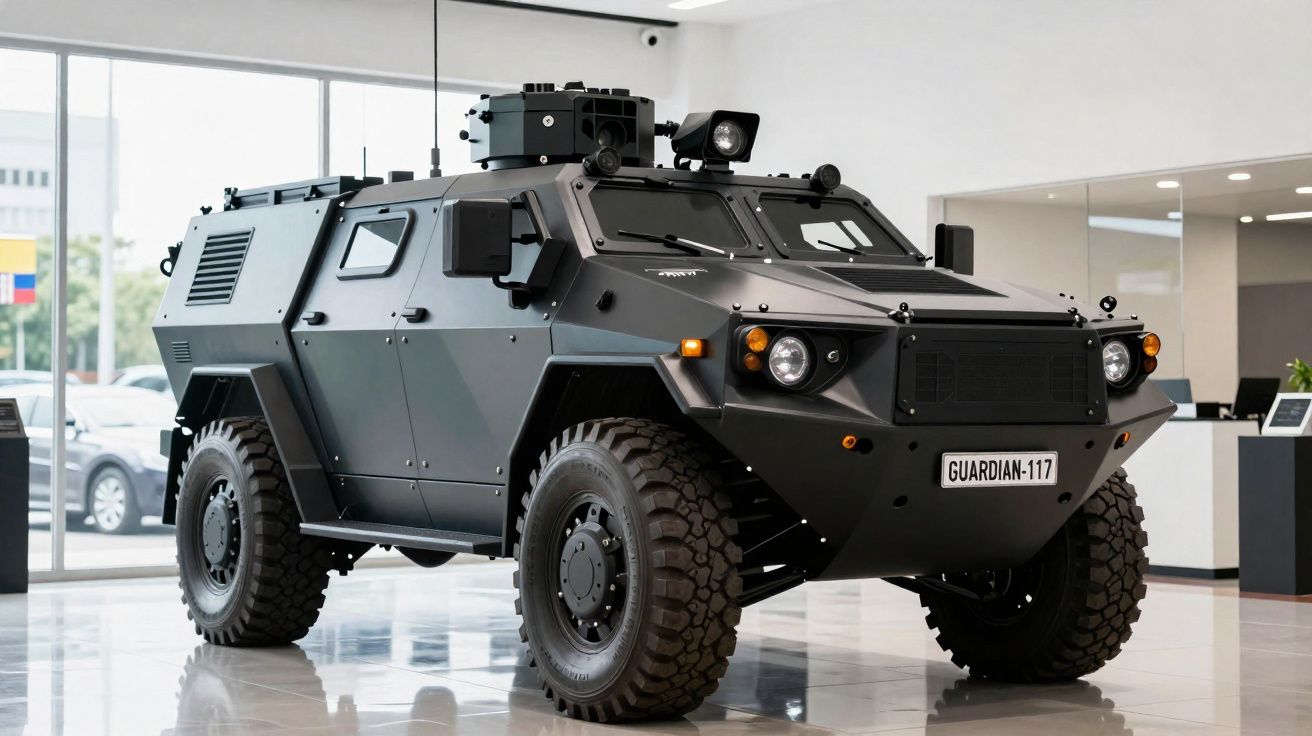 Veículo militar blindado preto exposto em interior com rodas grandes e luzes frontais acesas.