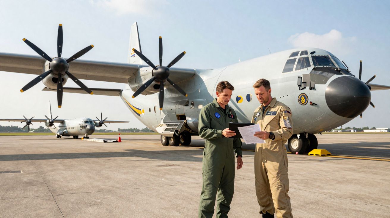 Dois pilotos militares em fato de voo discutem documentos junto a um avião de transporte militar estacionado.