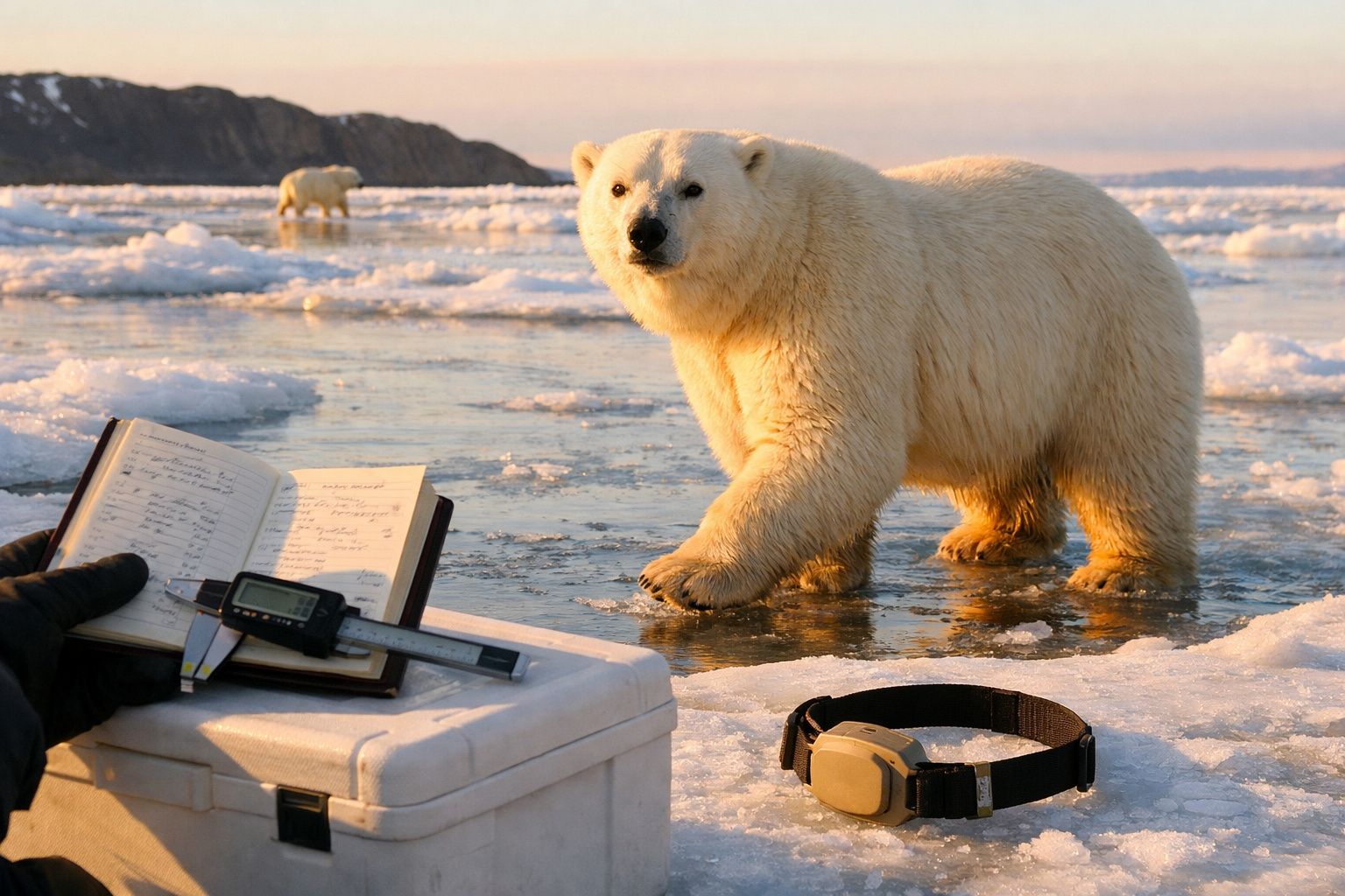 Urso polar adulto numa superfície gelada com equipamento de pesquisa e uma mão humana a escrever num caderno.