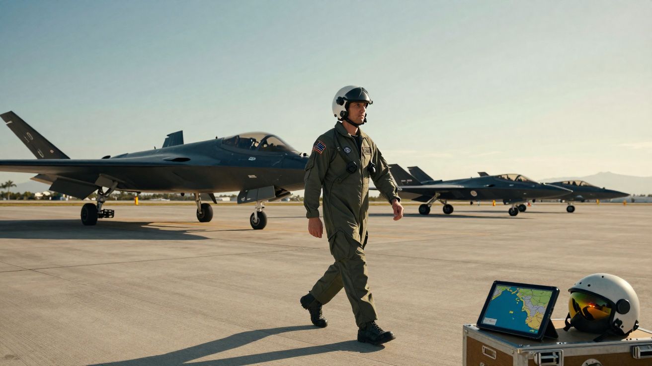 Piloto militar a caminhar na pista junto a três caças estacionados e equipamento com ecrã e capacete.