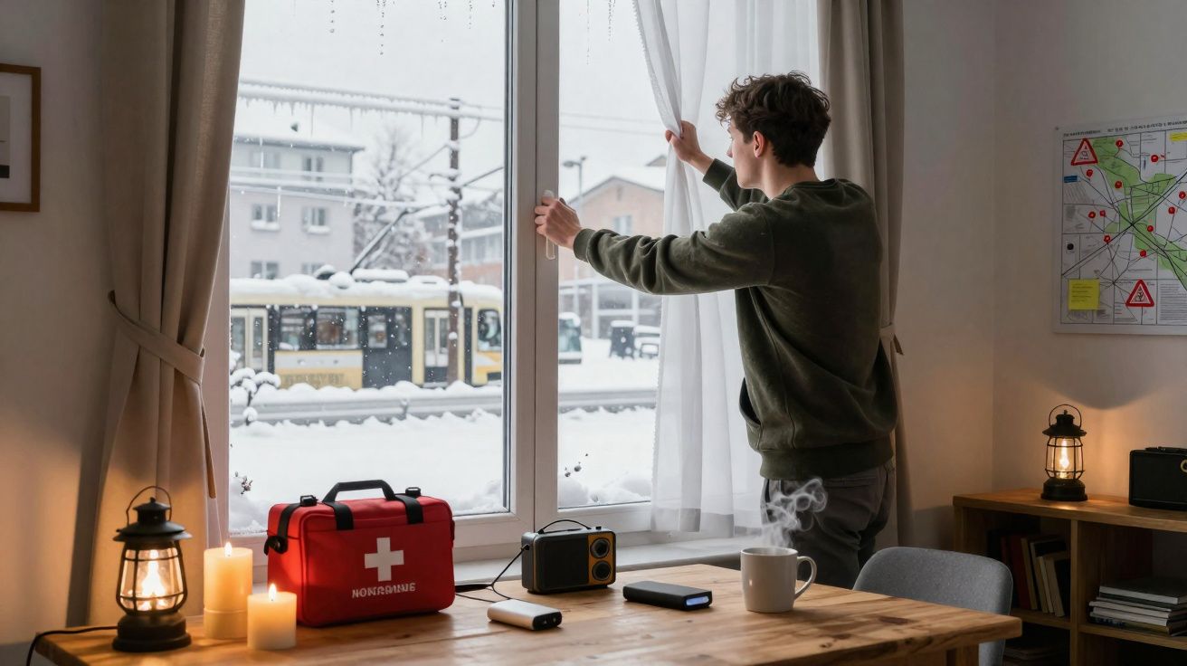 Homem a abrir cortina numa casa, olhando para a neve e eléctrico na rua, com kit de primeiros socorros e velas na mesa.