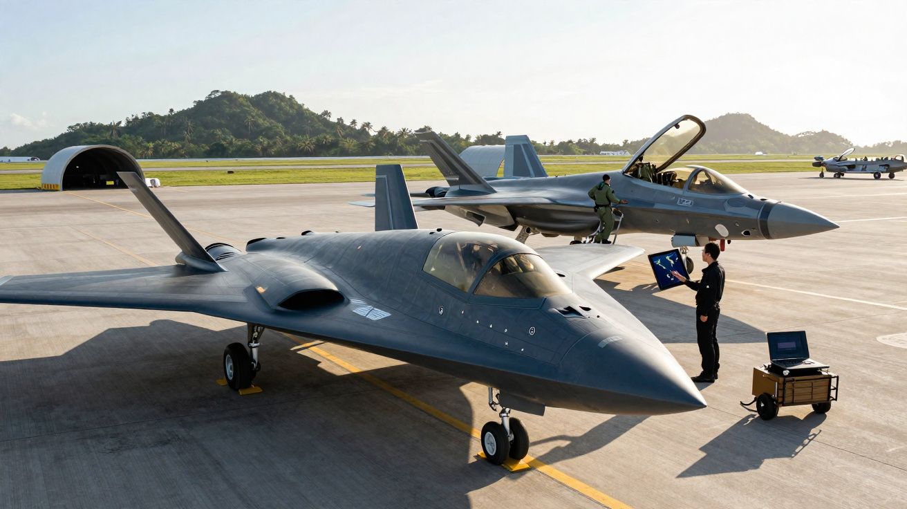 Dois aviões militares estacionados num aeroporto com técnicos a inspecionar e operar equipamentos.