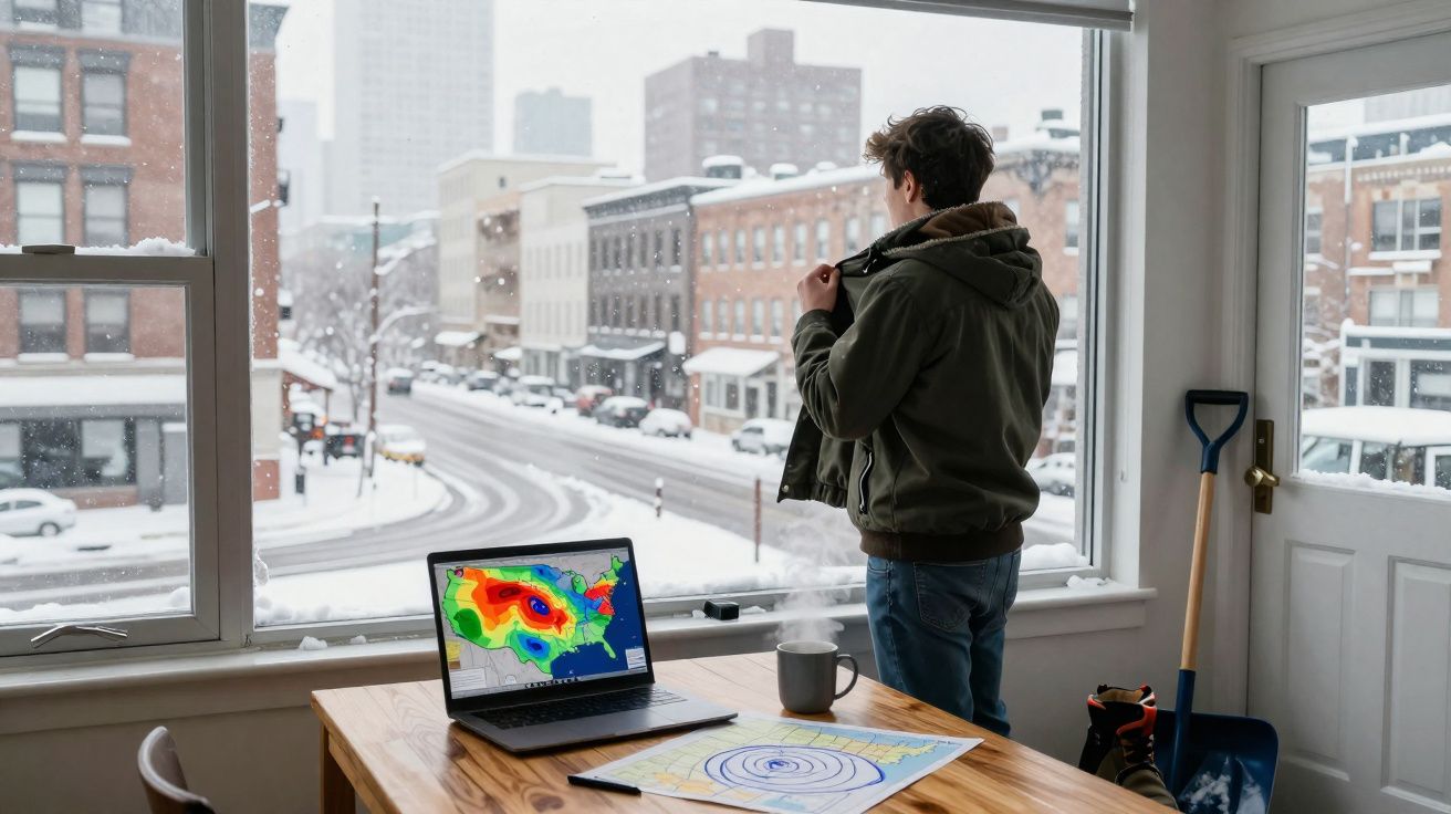 Homem prepara-se para sair de casa com neve enquanto observa o mapa do tempo na cidade.