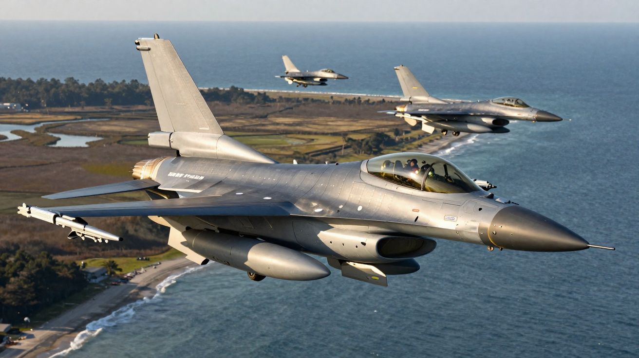 Três jatos de combate militares em voo sobre uma costa com mar e vegetação.