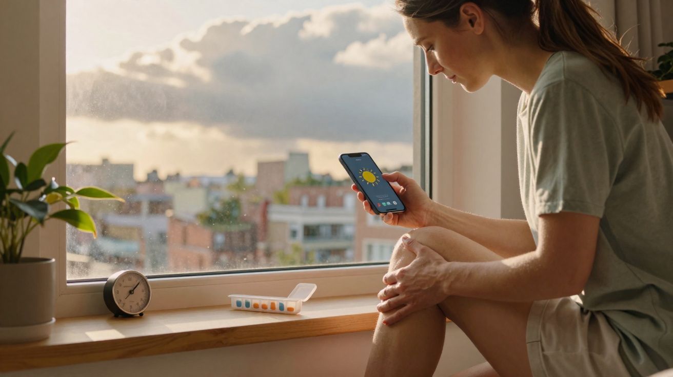 Mulher sentada junto à janela, a ver previsão do tempo no telemóvel, com pastilhas e relógio na janela.