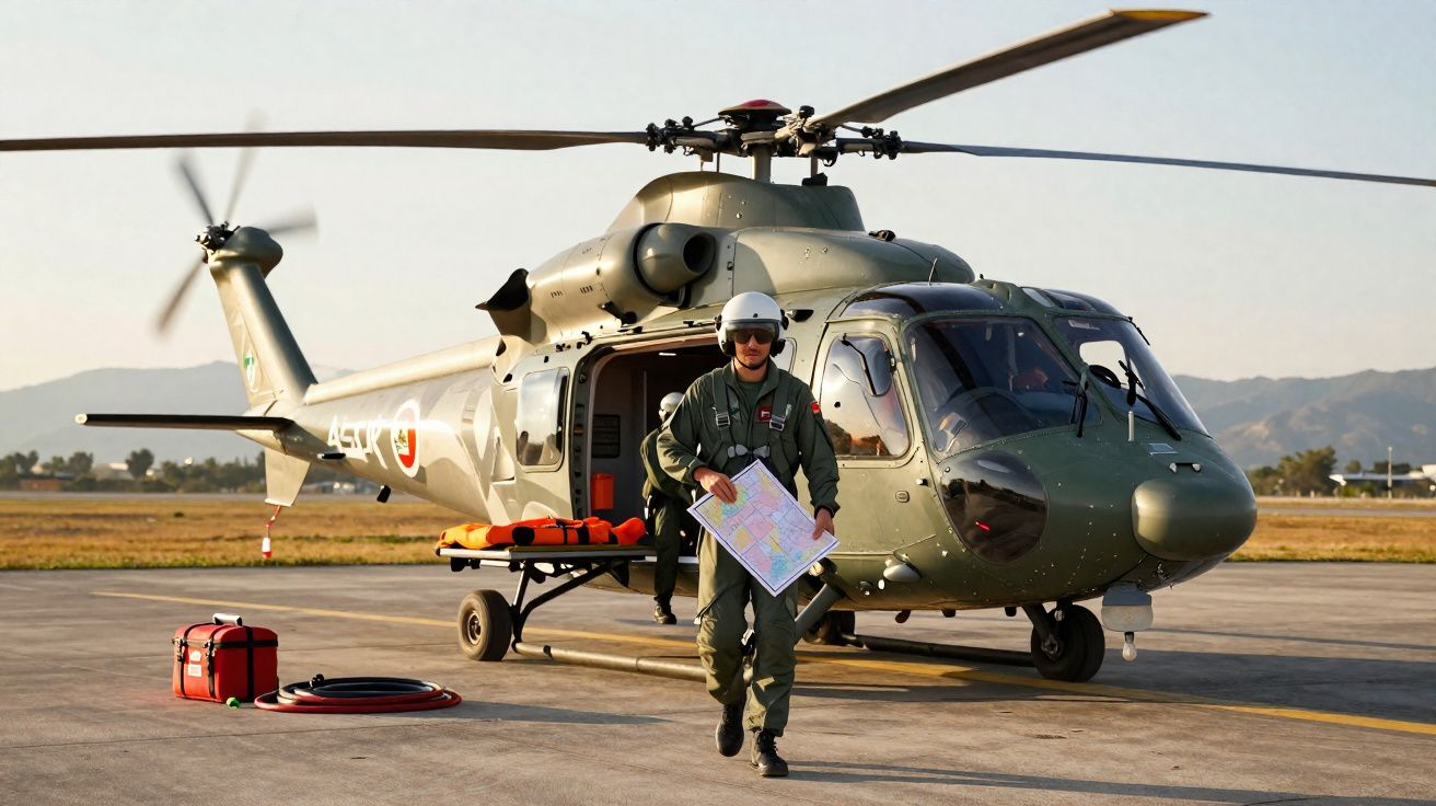 Militar em uniforme com capacete a sair de helicóptero verde no pátio com mapa na mão ao pôr do sol.