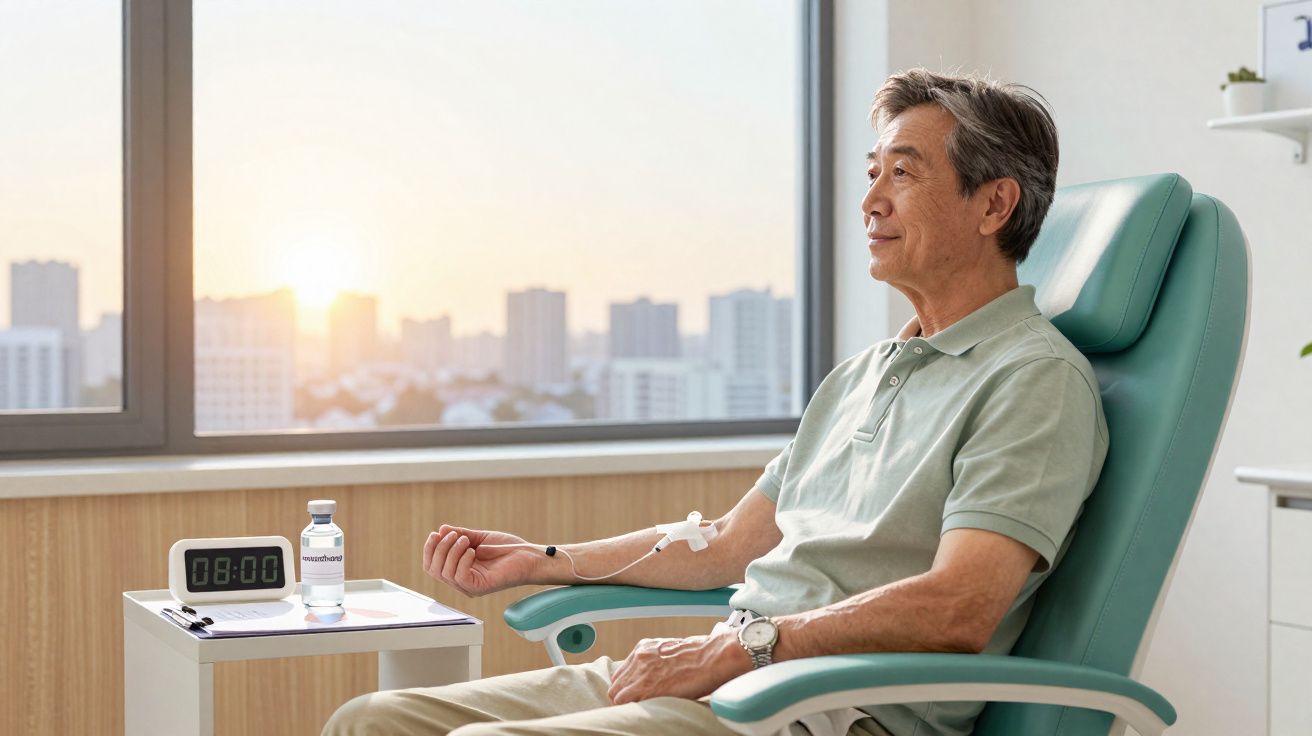 Homem sentado numa cadeira clínica a receber tratamento intravenoso com vista para cidade ao pôr do sol.