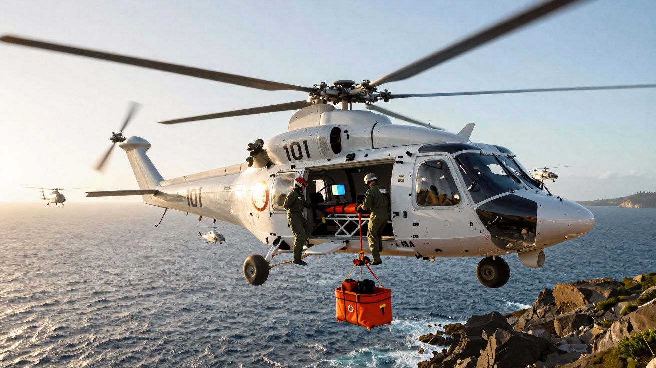 Helicóptero de resgate no mar com tripulação a operar equipamentos junto a penhasco rochoso.