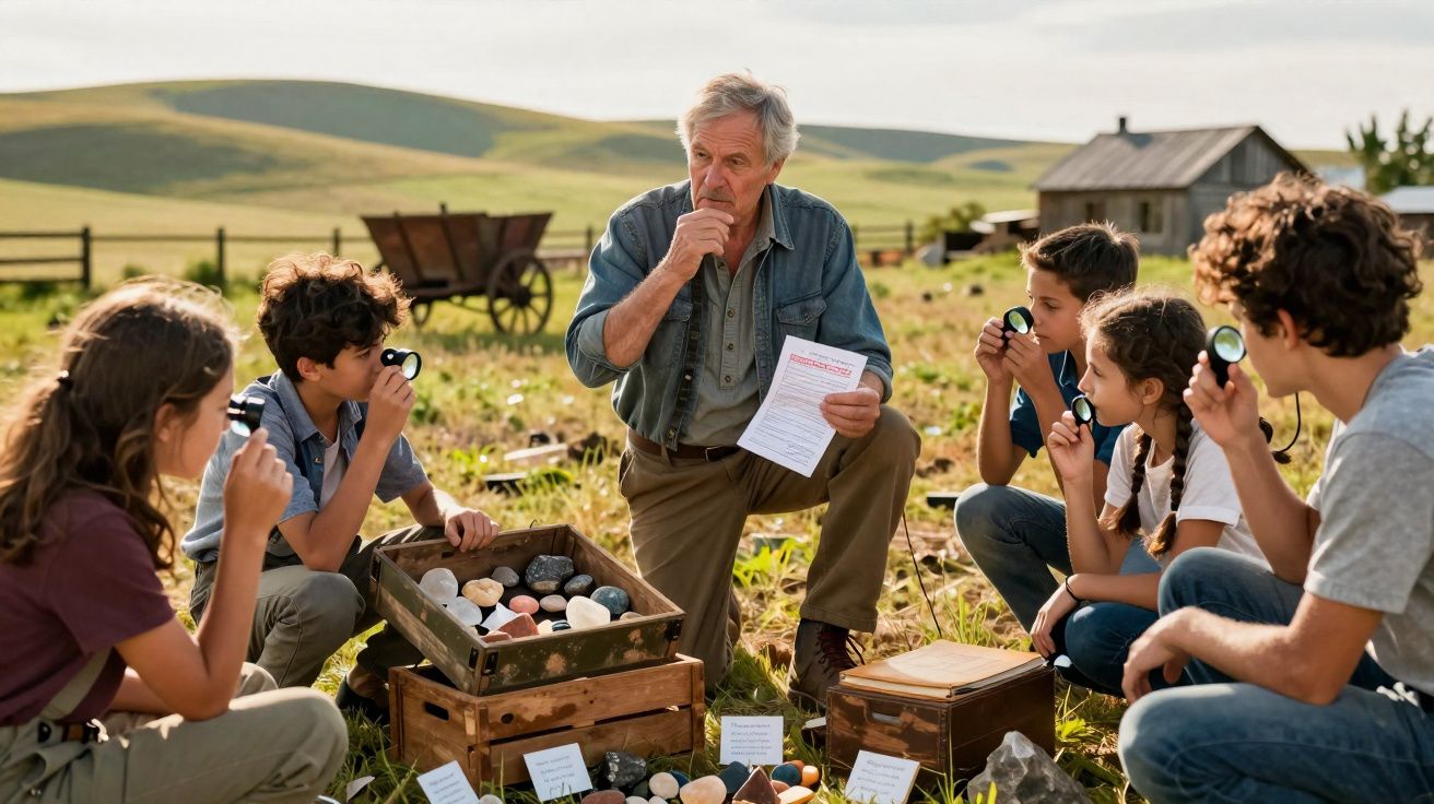 Idoso explica cientificamente diferentes tipos de pedras para um grupo de crianças num campo aberto.