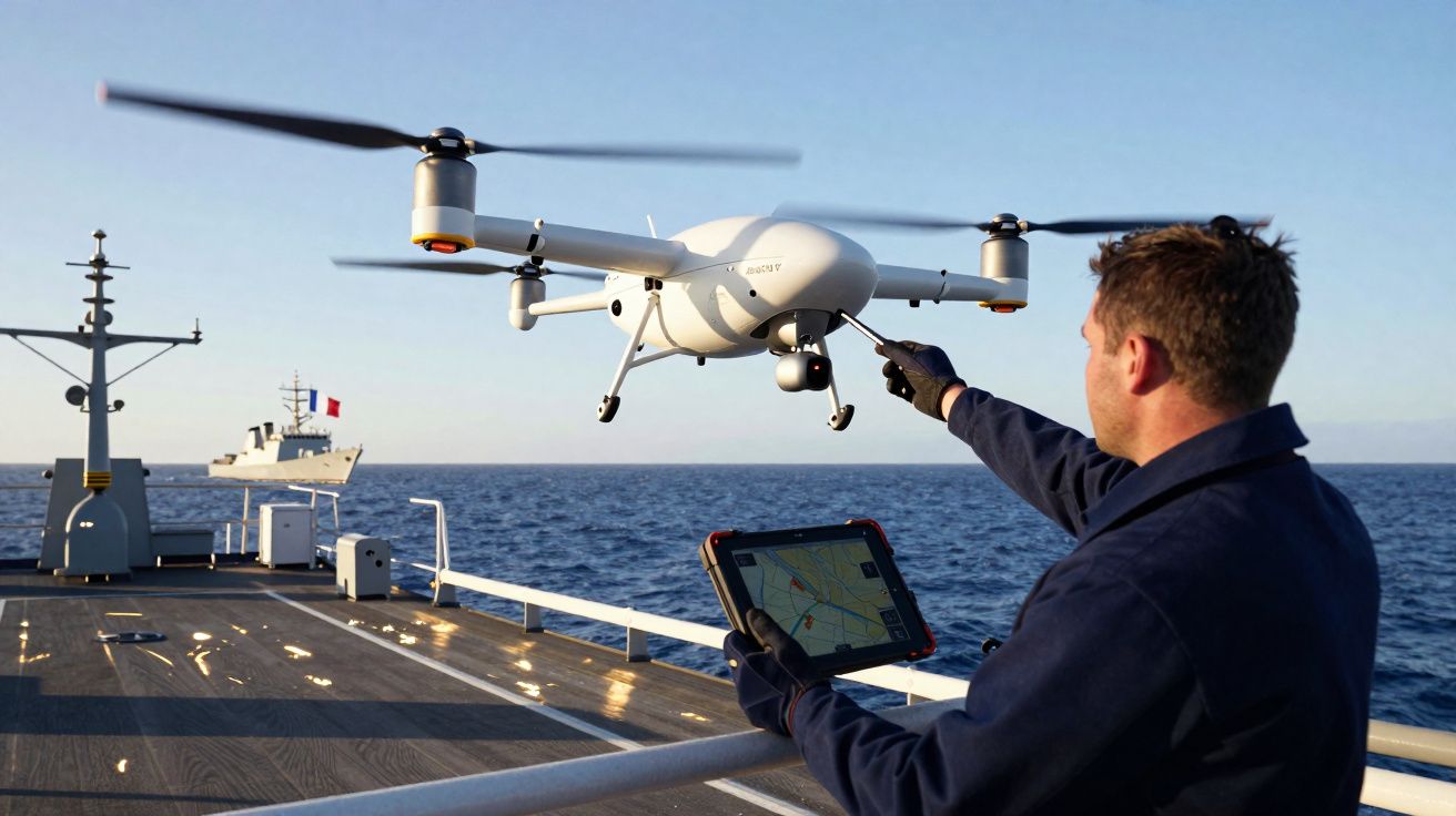 Homem controla drone branco com tablet no convés de navio em alto mar ao pôr do sol.