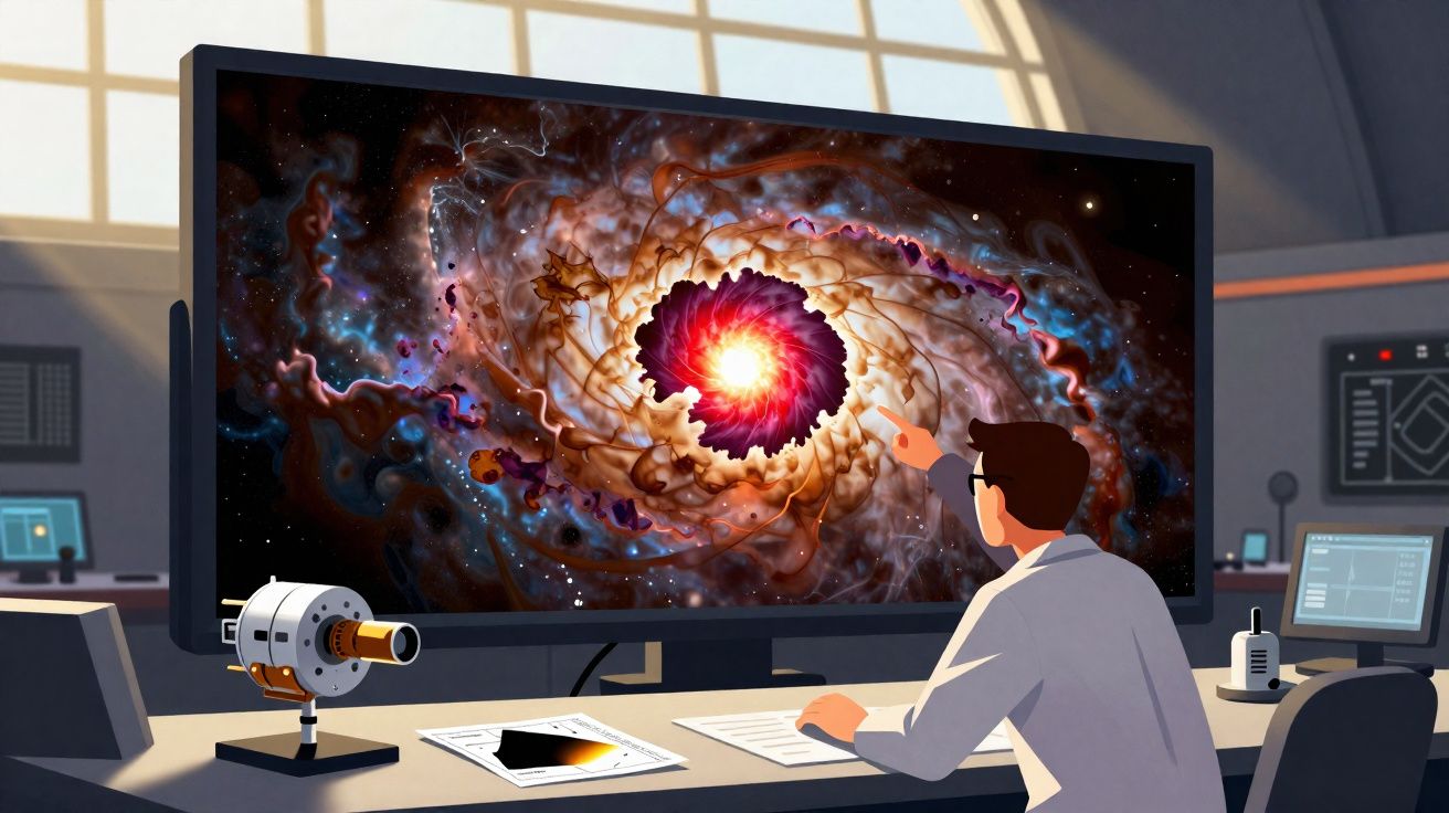 Homem em laboratório a analisar imagem digital de uma galáxia espiral colorida num ecrã grande.
