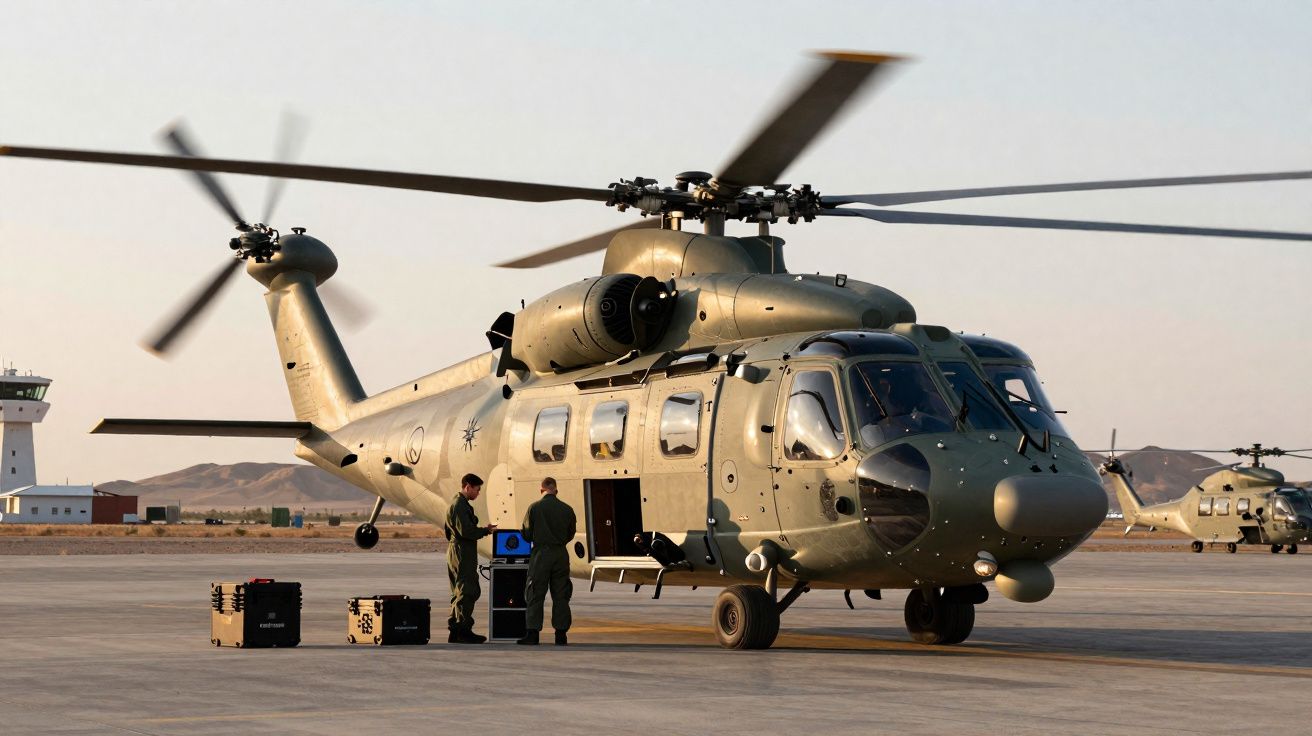 Helicóptero militar verde numa pista com dois soldados ao lado e equipamentos no chão ao entardecer.
