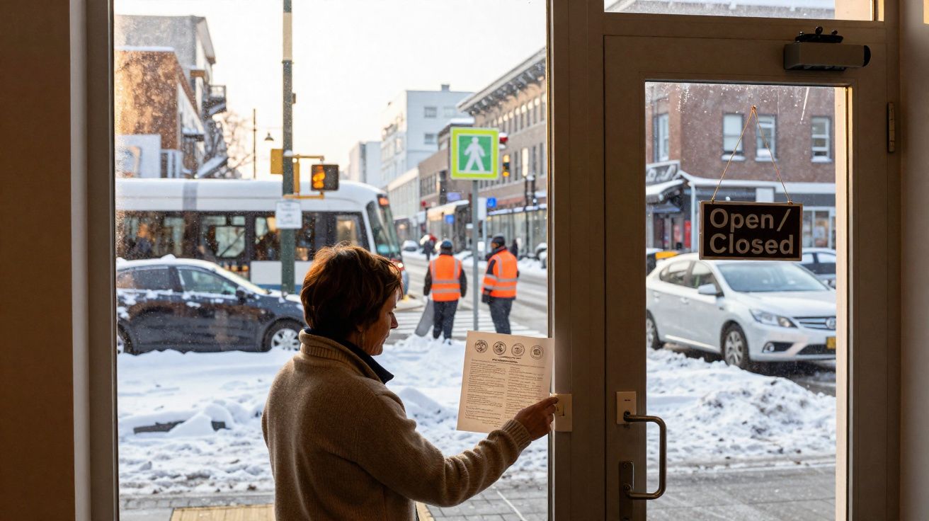 Pessoa abrindo porta de vidro com sinal "Open/Closed", rua nevada e pessoas com coletes laranja ao fundo.