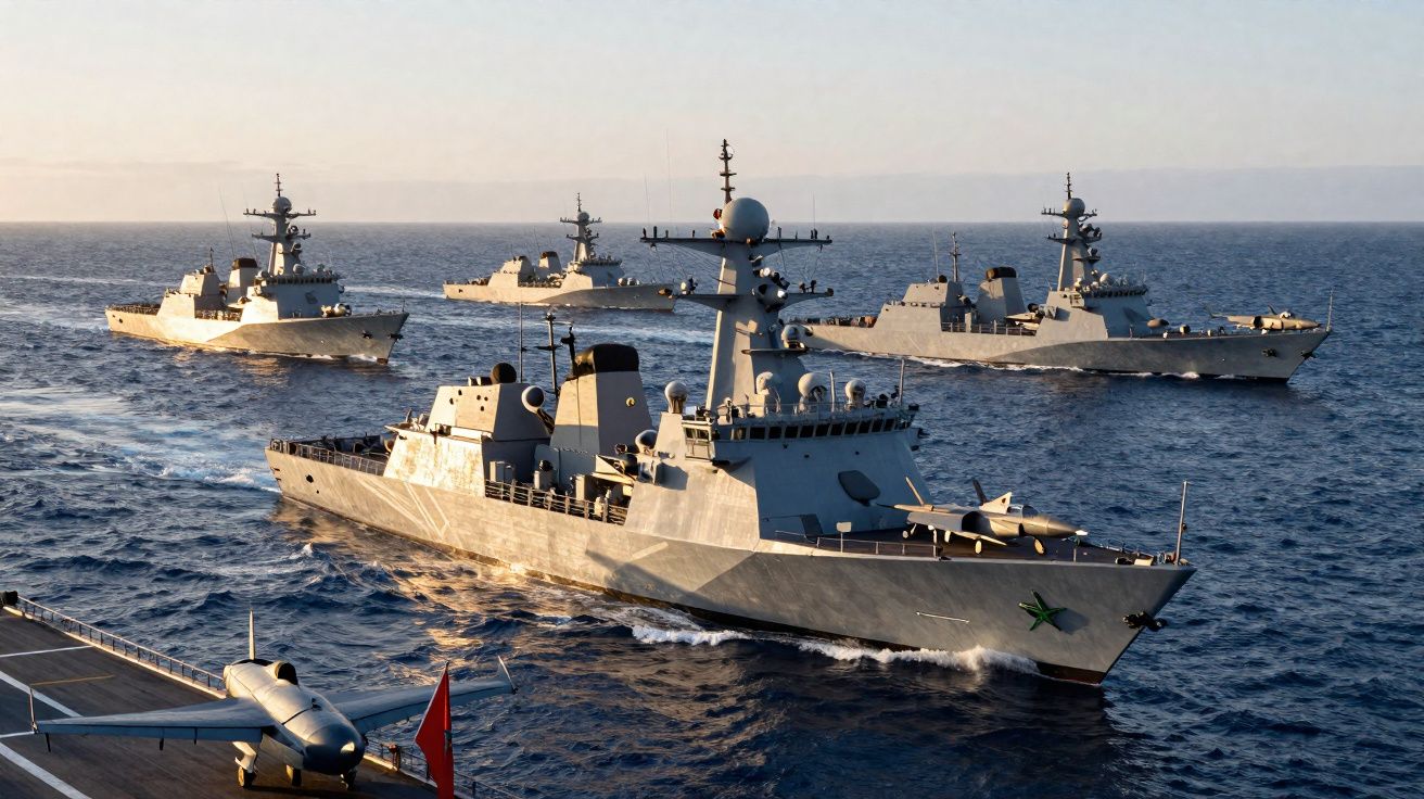 Quatro navios militares a navegar no mar ao pôr do sol, com um drone numa embarcação à frente.