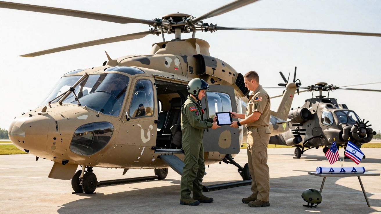 Dois militares junto a um helicóptero militar castanho, trocando um documento, com outro helicóptero ao fundo e bandeiras de 