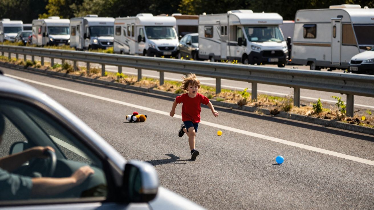 Criança a correr na estrada junto a vários autocaravanas estacionados e um carro em primeiro plano.