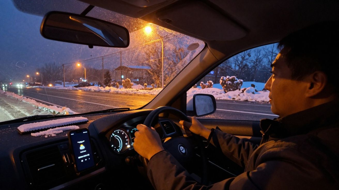 Homem a conduzir carro à noite em estrada com neve e iluminação pública, visto do interior do veículo.
