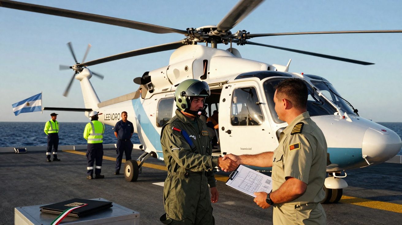 Dois militares cumprimentam-se à frente de um helicóptero branco numa plataforma no mar.