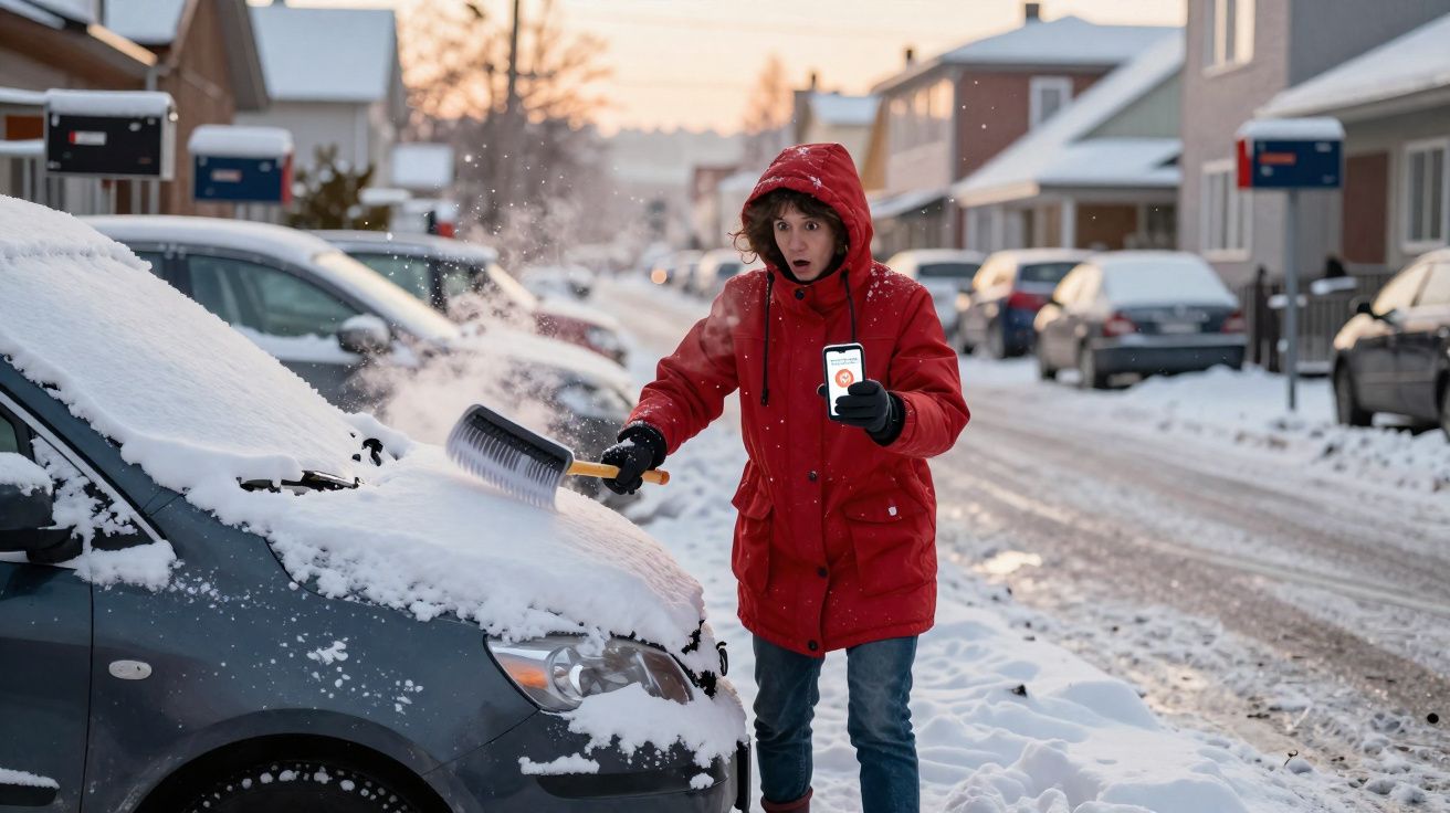 Pessoa com casaco vermelho limpa neve do pára-brisas de carro e mostra ecrã de smartphone numa rua coberta de neve.