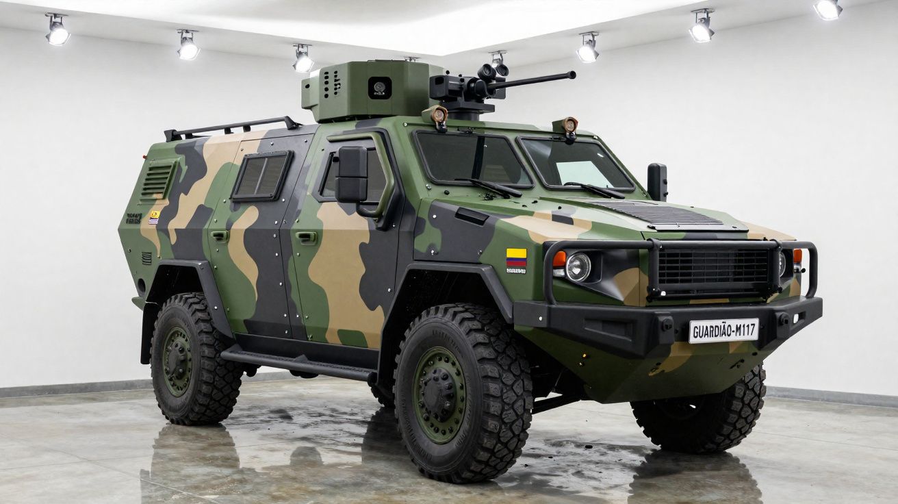 Veículo blindado militar camuflado com torretta equipada em expositora iluminada sem pessoas.