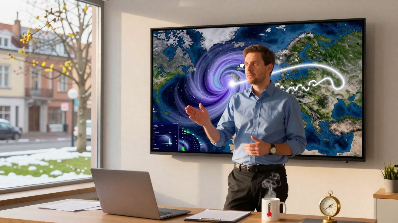 Homem a fazer apresentação meteorológica sobre furacão com laptop e caneca numa mesa interior iluminada.