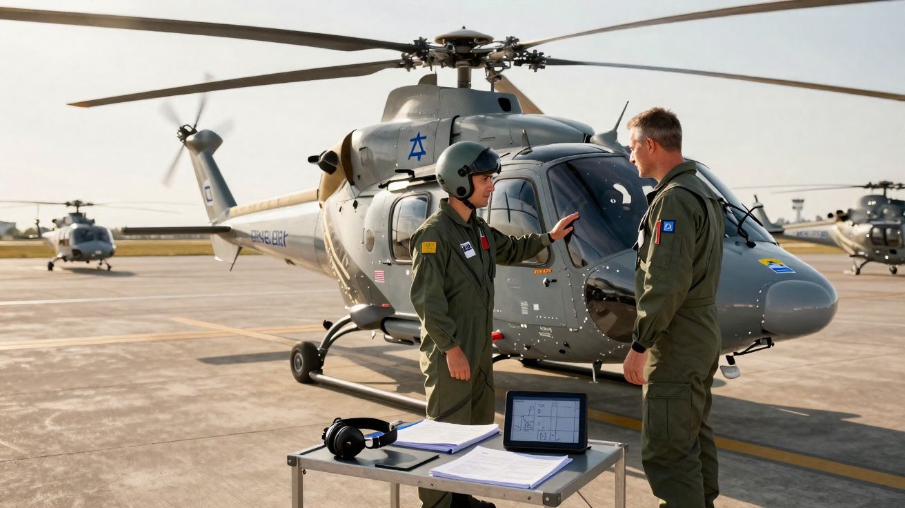 Dois pilotos militares em fato de voo junto a um helicóptero estacionado numa pista de aeródromo.