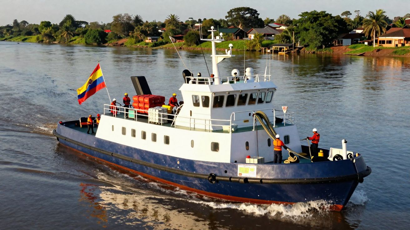 Barco de trabalho branco e azul com tripulação em coletes laranja navegando num rio junto à margem verde com casas.