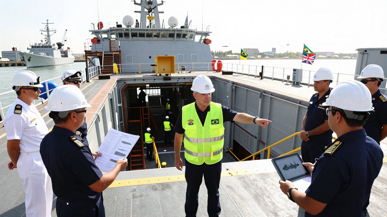 Militares da marinha com coletes e capacetes em inspeção a navio de guerra atracado.