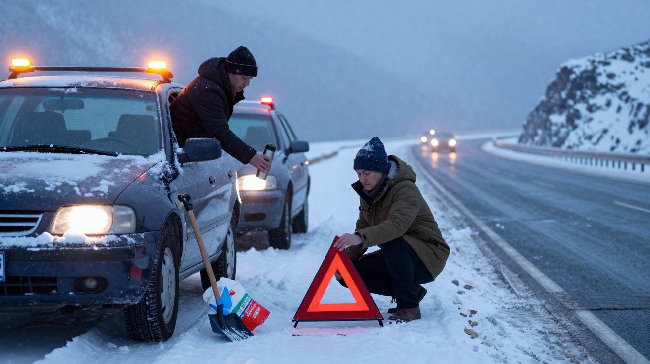 Duas pessoas junto a um carro parado na berma de uma estrada nevada, colocando triângulo de sinalização.