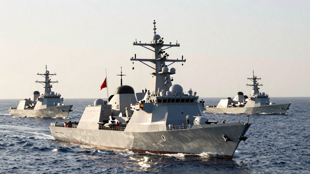 Três navios militares cinzentos navegando juntos no mar sob céu limpo ao amanhecer.