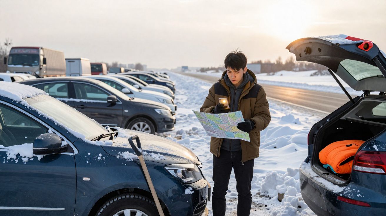 Homem a consultar mapa com celular numa estrada com neve e carros estacionados ao amanhecer.