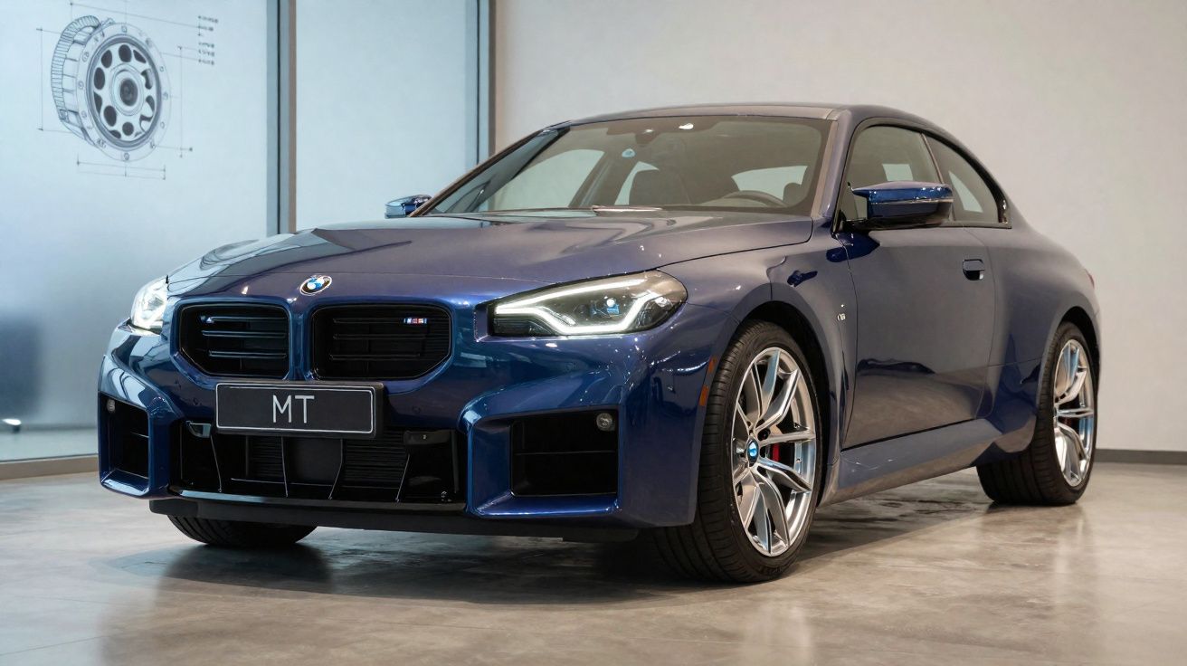 Carro desportivo BMW azul estacionado em interior com design moderno e faróis ligados.