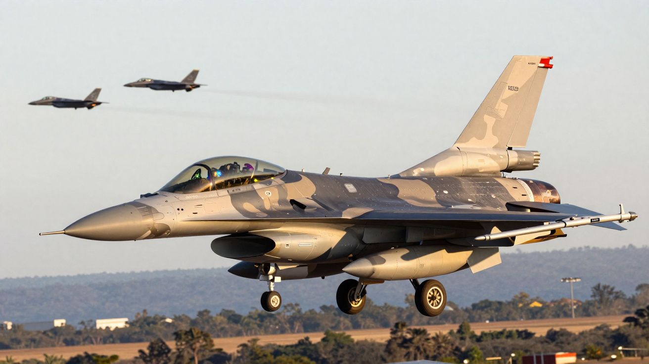 Caça militar F-16 camuflado, com dois caças semelhantes voando ao fundo sobre terreno rural.