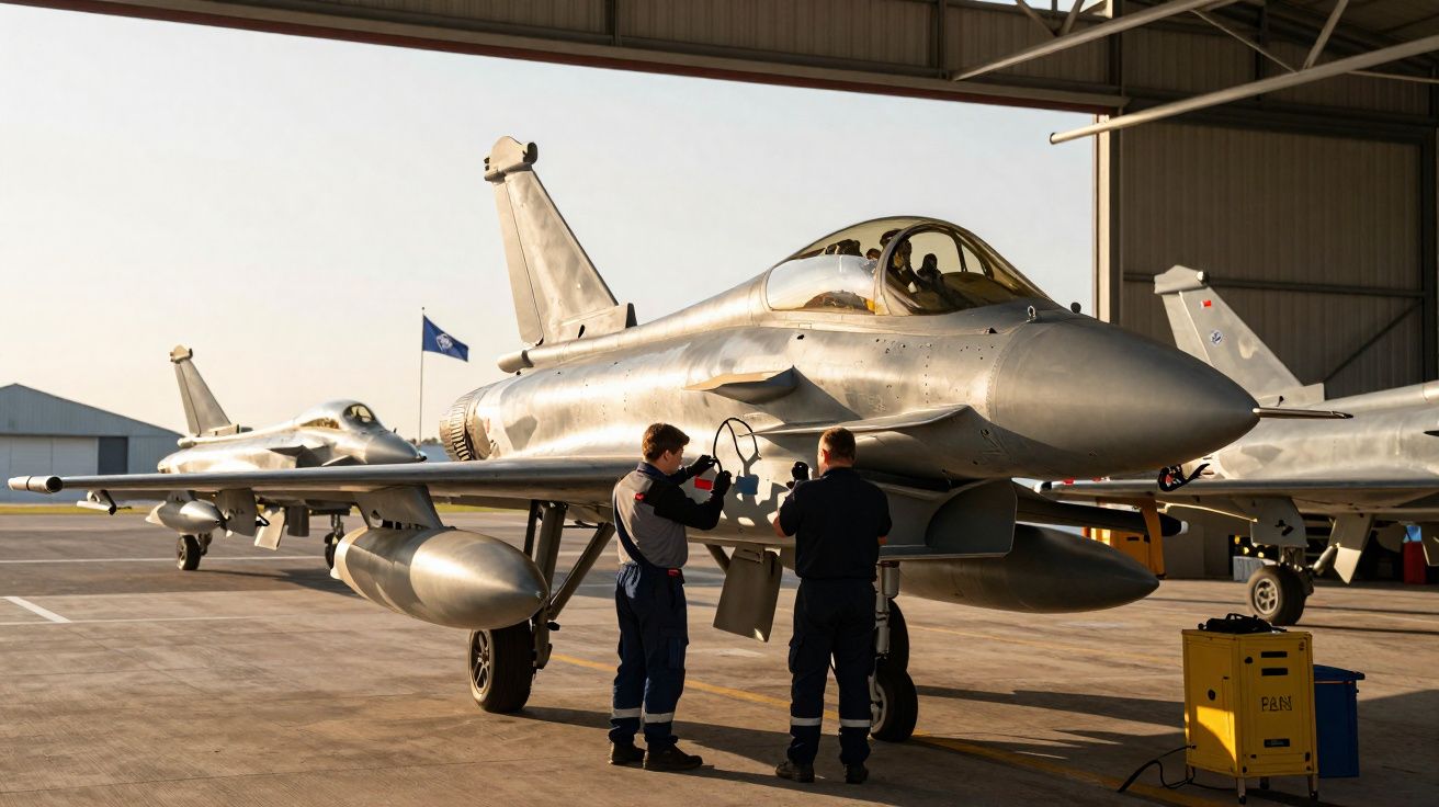 Dois técnicos a inspecionar um caça Eurofighter Typhoon estacionado numa base aérea coberta.
