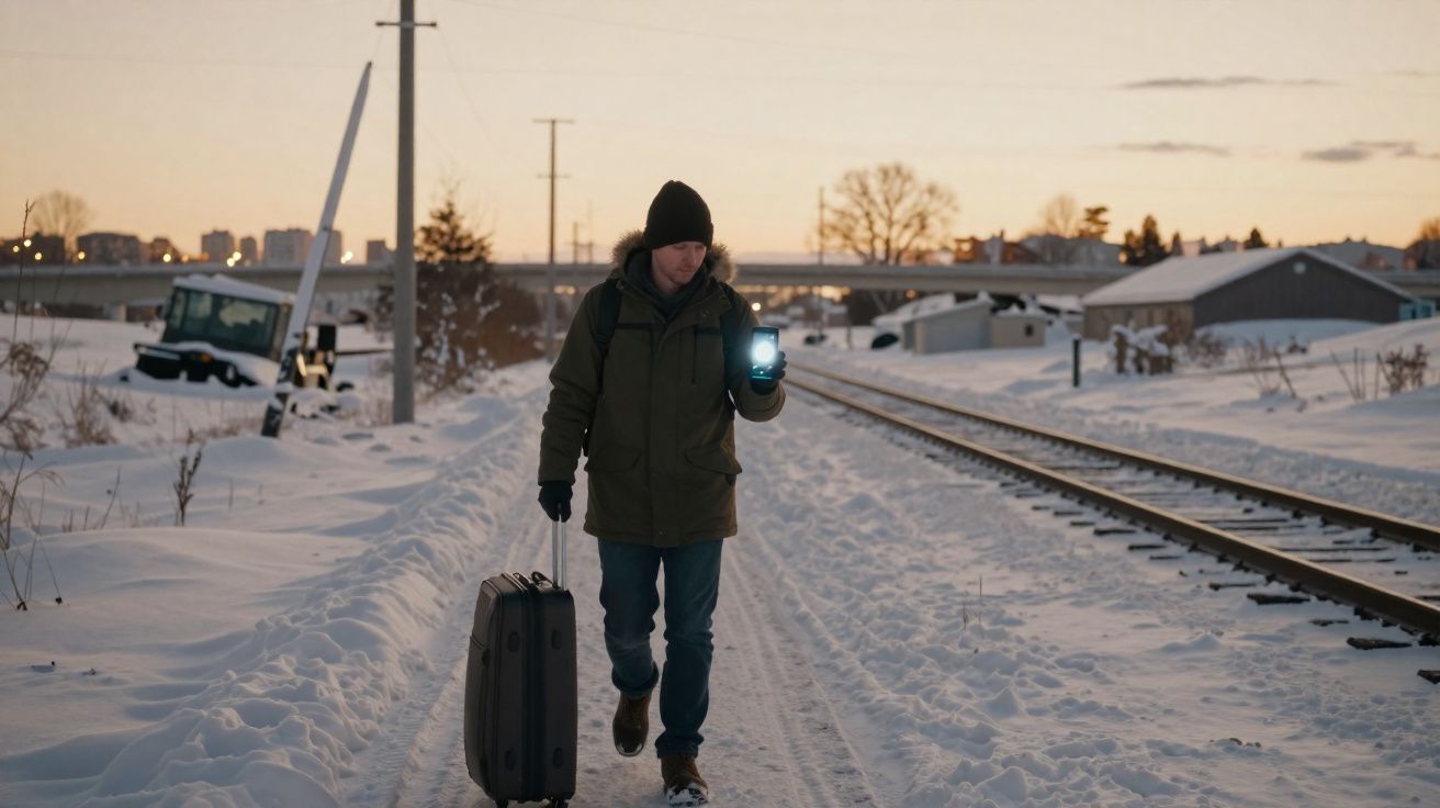 Homem com casaco e gorro caminha pela neve junto a linha férrea, segurando uma mala e mostrando luz de telemóvel.