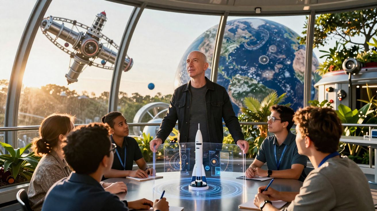 Homem lidera grupo jovem numa sala futurista com modelo virtual de foguetão e vista para a Terra gigante.