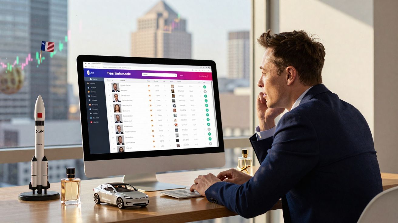 Homem de fato sentado à secretária a usar computador com dados de várias pessoas numa aplicação.