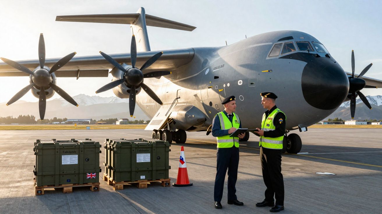 Avião militar estacionado em pista com dois militares a conversar junto a caixas verdes em paletes.